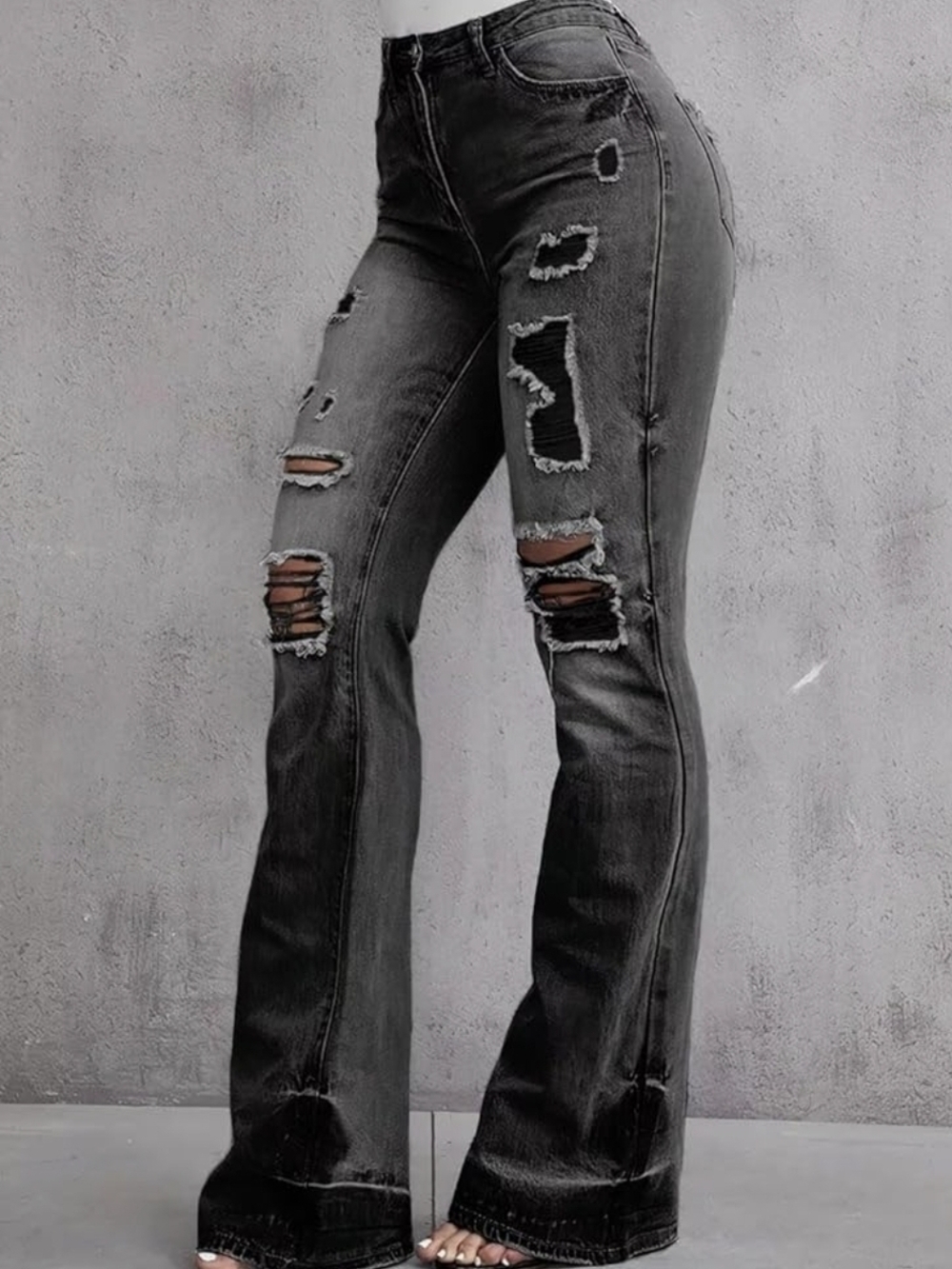 High-Rise Distressed Flare Jeans - Black - Picture 4 of 15